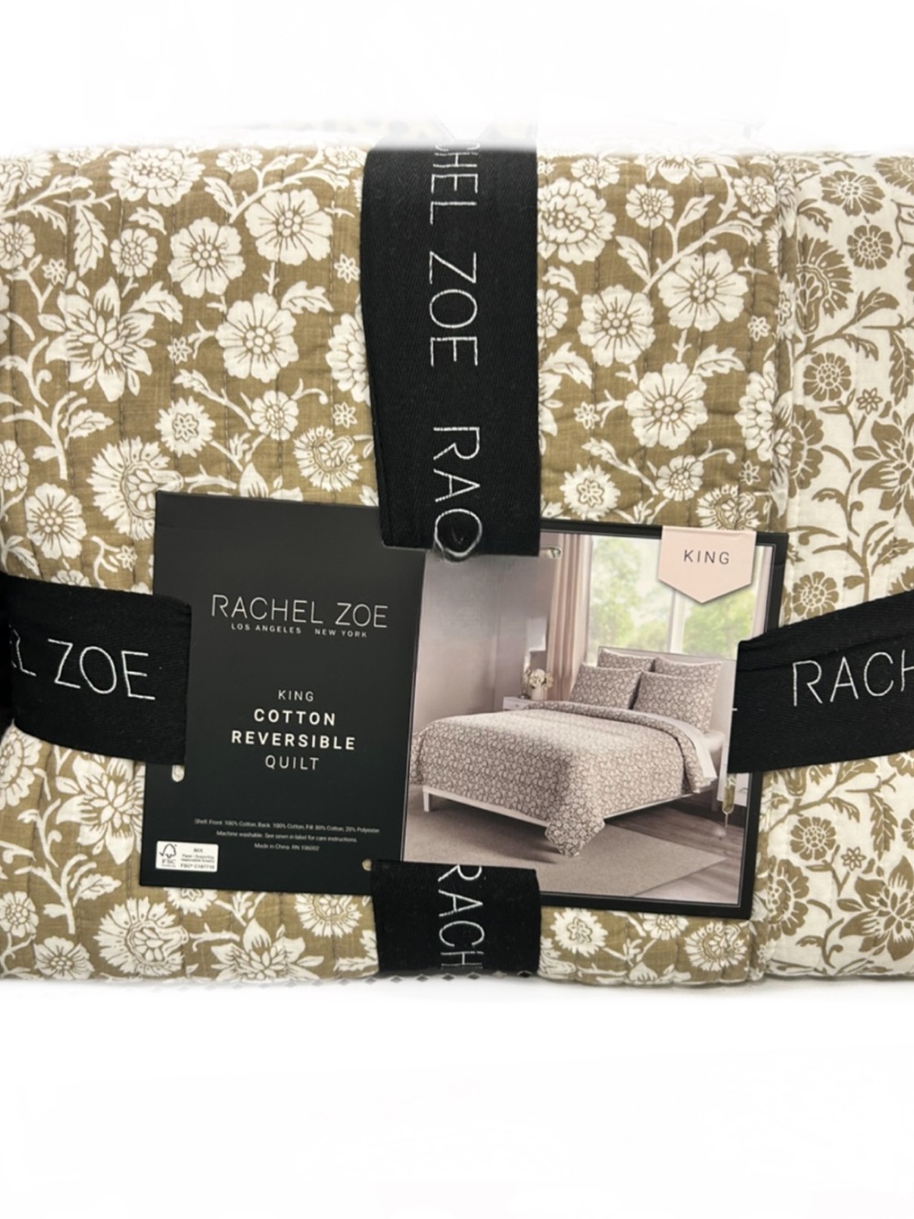Rachel Zoe Cotton Reversible Green and White King Quilt 106”x92”